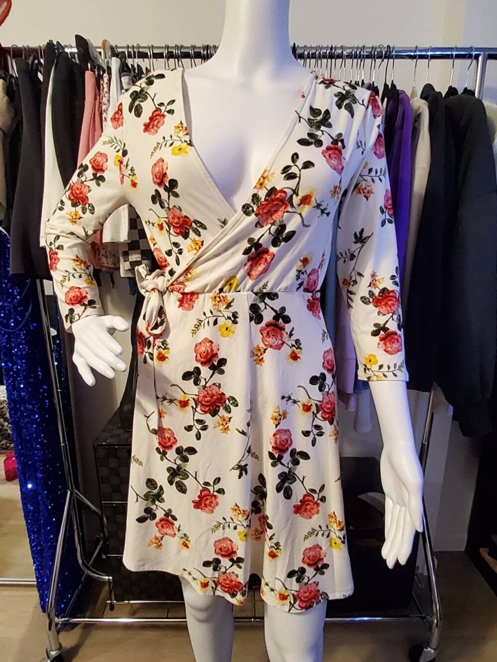 No Boundaries Floral Wrap Mini Dress Cream Rose 3/4 Sleeve